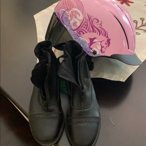 Riding boots size 4 with helmet